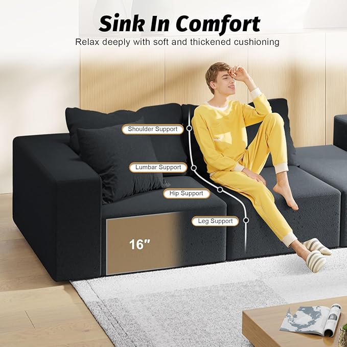 132'' Oversized Cloud Couch Sectional Modular Sectional Sofa with 6 Pillows Comfy Chenille L Shape Couch with 6 Deep Seat Convertible Sleeper Boneless Couches for Living Room No Assembly Black