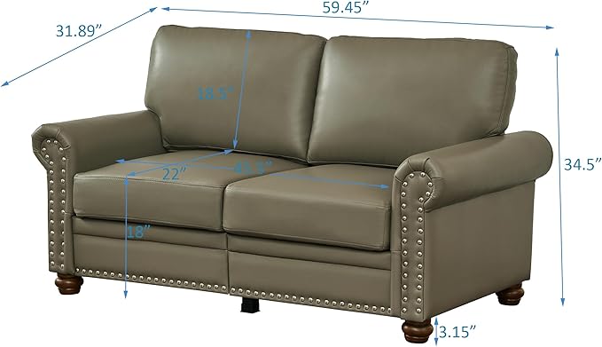 Faux Leather Sofa Set of 2: Love Seat +3 Seat Couch Underseat Storage Classic Sofa Elegance Rolled Armrests Nailhead Trim Wood Legs Classic Living Room Accent 2+3 Seat-Grey