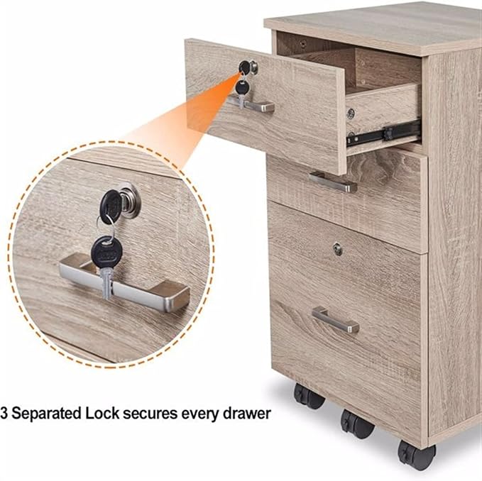 Filing Cabinet 3 Drawer Chest with Rolling Wheels Wood File Cabinet with Lock for Home Office Furniture Easy Assembly 15.7X15.7X26 Inch Oak File Storage Cabinets