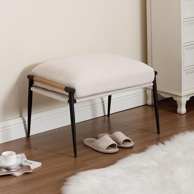 LukeAlon Upholstered Chenille Footstool Modern Ottoman Footrest Small Shoe Stool with Black Metal Legs Mid Century Vanity Stool with Wooden Armrests for Living Room Entrance Cushion Removable Beige