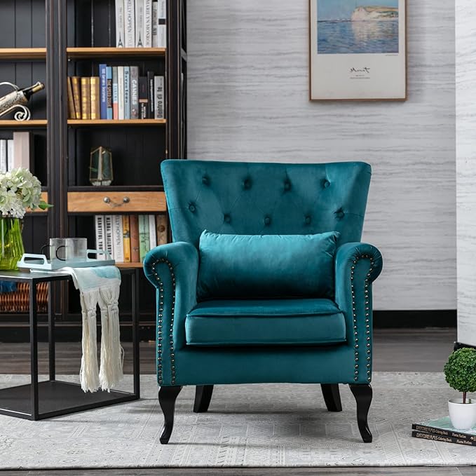 Accent Reading Arm Chairs for Living Room Bedroom Midcentury Modern Comfy Corner Sofa Chair Wingback Waiting Room Club Chair with Button Tufted Back &ampLumbar Pillow Velvet Teal