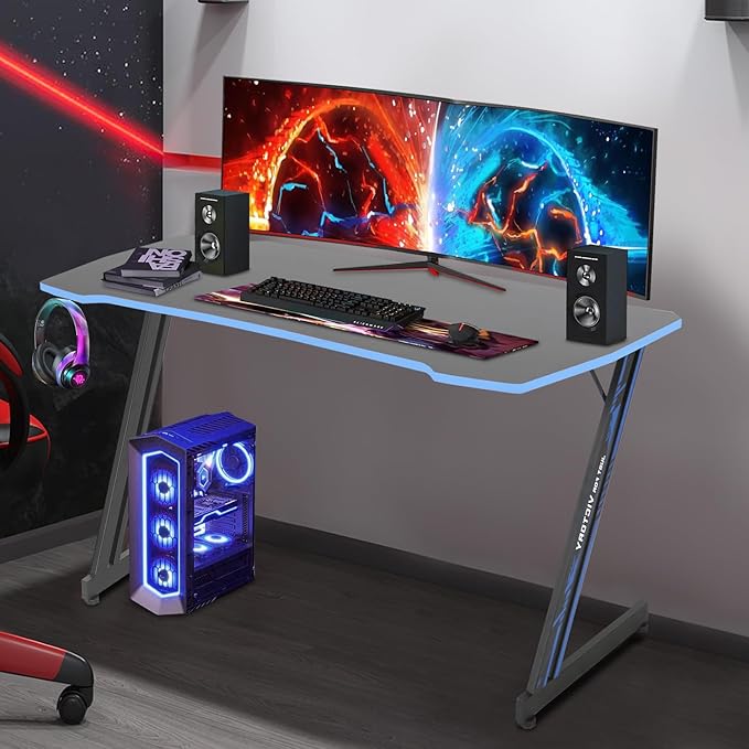 NChanmar Gaming Desk Z Shaped 47 Inch Computer Desk Home Office Desk Standing Desk for Studying Ergonomic PC Gamer Desk for Working Gaming Table Desk with Headphone Hook Blue nc6754