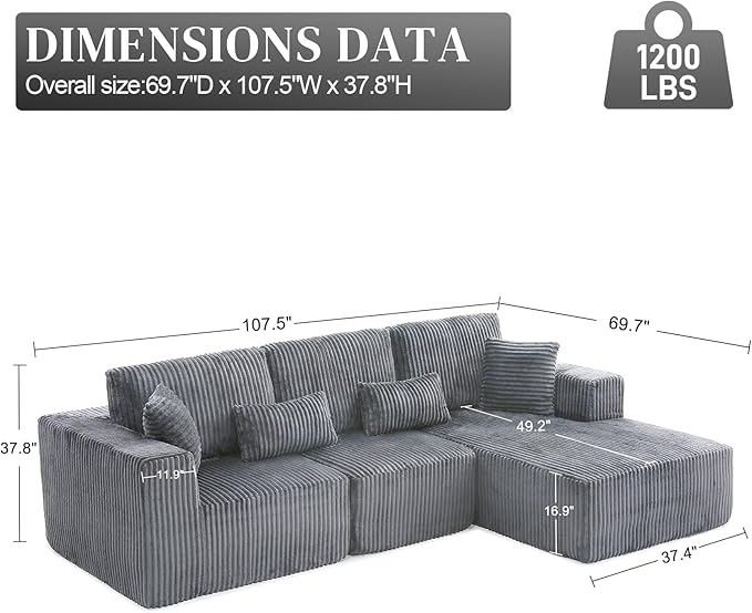 HYJT-H&ampK Modular Sectional Sofa Cloud Sectional Couch 107 Comfy Fluffy L Shaped Dark Grey Couches for Living Room Deep Seat Memory Foam Plush Corduroy Boneless Couch Sectionals Right Facing Cha