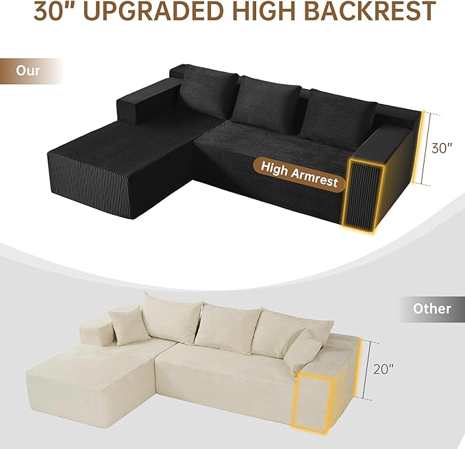 103 Boneless Corduroy Sectional Couch with Left Chaise Modular L Shaped Black Couches for Living Room Large Minimalist Modern Deep Seat Floor Sofa Set No Assembly