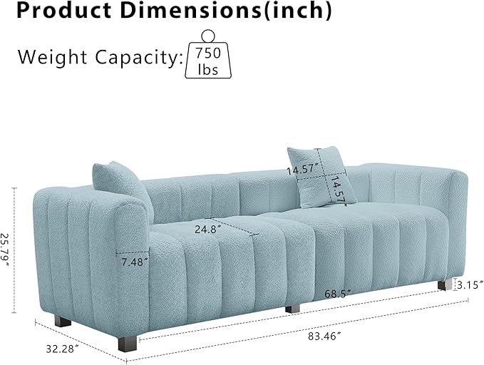 SZLIZCCC 87.4 Modern Upholstered Sofa Piano-Key Tufted Teddy Velvet Couch 3-Seater Comfortable Living Room &amp Office Sofa (Blue)
