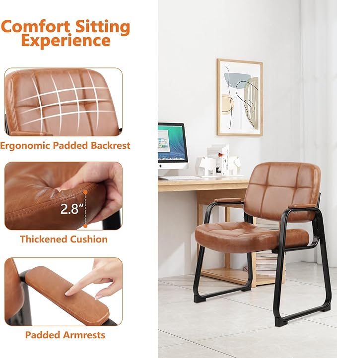 CLATINA Big &amp Tall 500 lb Waiting Room Chairs with Padded Armrests and Sled Base Leather Stationary No Wheels Office Reception Guest Chair for Lobby Home and Meeting Conference Brown (2 Pack)