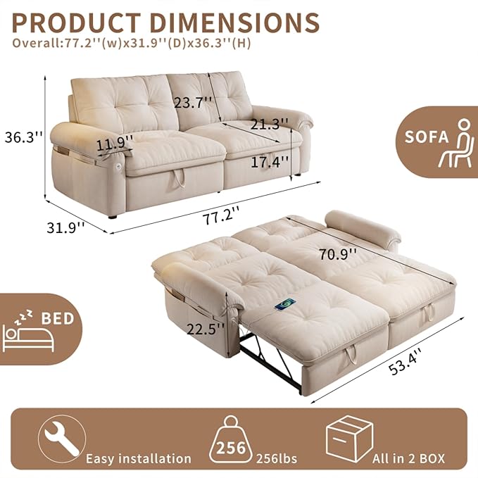 77.2'' Multifunctional Loveseat Sleeper Sofa Couch with Pull-Out Bed 3-in-1 Modern Velvet Convertible Sofa Bed with USB and Side Pockets Easy Assembly Living Room Apartment Beige