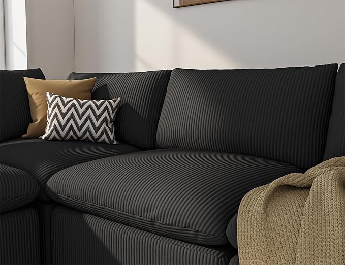 ARSURA 106” Cloud Couch for Living Room | L-Shaped Boneless Couch | Modular Sectional Couch | Corduroy Black