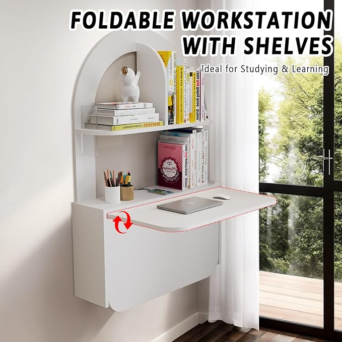 Wall Mounted Drop-Leaf Table Floating Laptop Desk Folding Table with Shelves Multifunctional Computer Workstation Storage Compartments in Home Office for Space Saving (White)