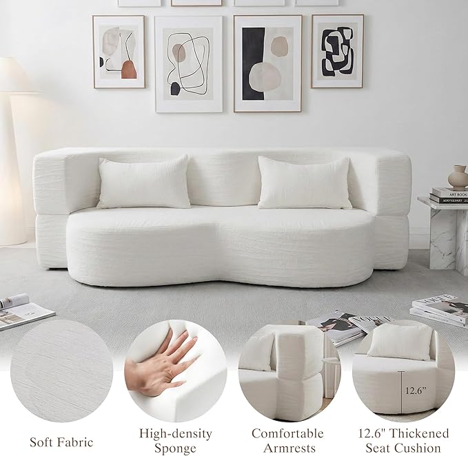 Convertible Sofa Bed 78'' Queen Size Folding Sleeper Sofa with Pillow 2-in-1 Teddy Fabric Boneless Loveseat Floor Couch &amp Mattress for Living Room Guest Room No Assembly Required (White)