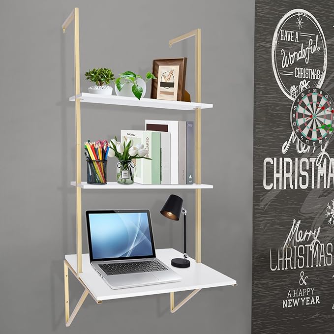 3 Tier Wall Mount Desk 39 Ladder Desk for Small Space Industrial Desk Floating ShelvesComputer Laptop Desk with ShelvesIndustrial Shelf Wall Mount Floating Pipe Table with Storage