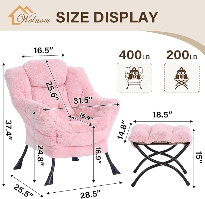 Welnow Lazy Chair with Ottoman Modern Accent Chair with Armrests and a Side Pocket Leisure Sofa Armchair Set Reading Armchair with Footrest for Small Space Plush Pink