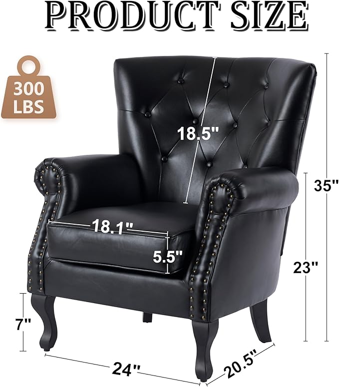 Modern Faux Leather Accent Chair Upholstered Mid-Century Armchair with Solid Wood Legs Single Sofa Chair for Living Room Bedroom or Reading Room（Black）
