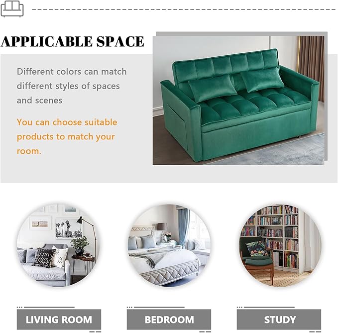 54 Convertible Sofa Bed Velvet Sleeper Sofa with Pull-Out Bed 3-in-1 Futon Couch with Reclining Backrest and Side Pocket Modern Loveseat for Living Room (Dark Green)