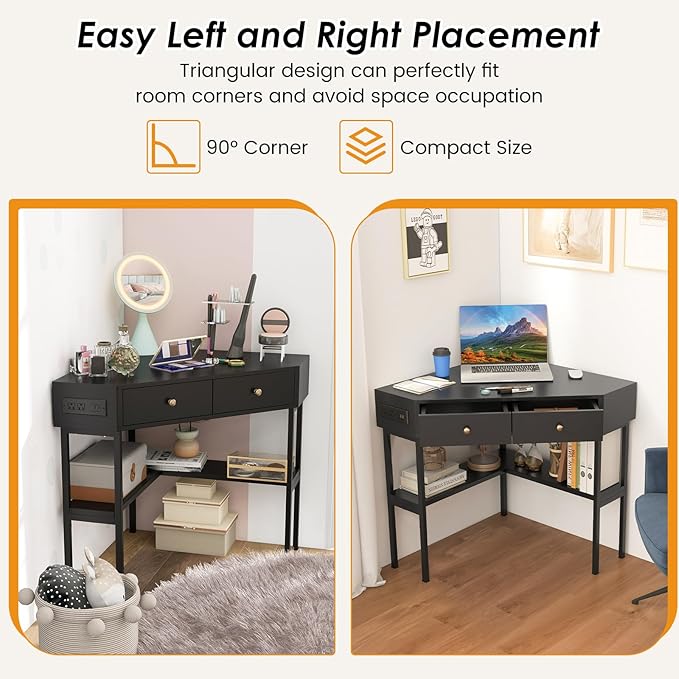 Corner Desk with Charging Station 90° Triangle Desk w/ 2 Drawers Storage Shelves Corner Vanity Table for Bedroom Compact Computer Desk for Small Space