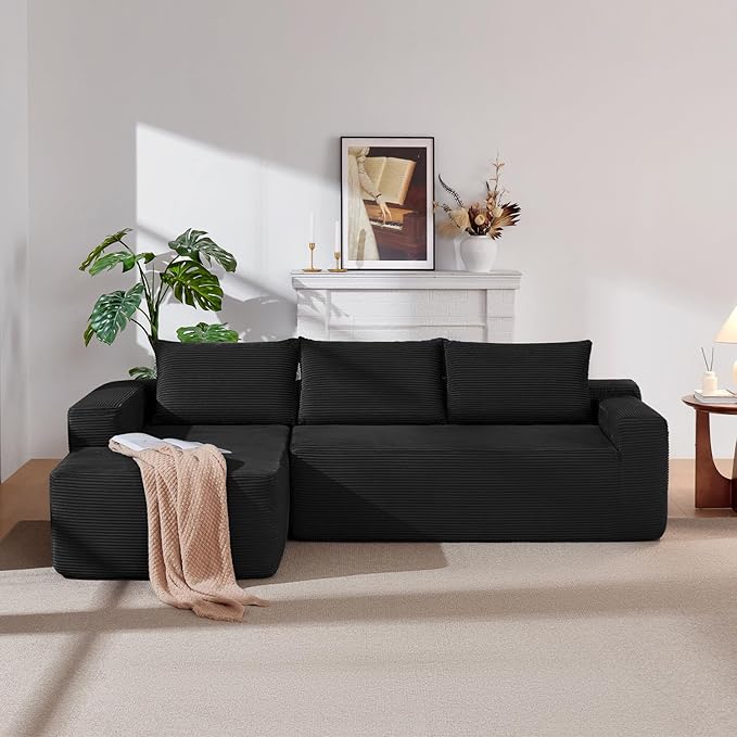 96 Inch Cloud Sectional CouchModern Modular Sectional Sofa with Deep SeatCorduroy Boneless Couches with L-Shape Chaise for Living Room BedroomNo Assembly Required (Black Left Facing Chaise)