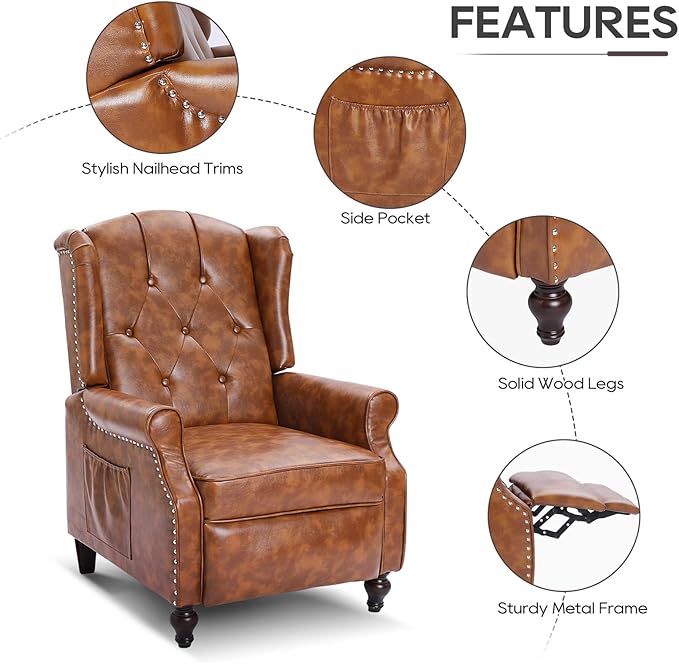 Wingback Recliner Chair with Massage and Heat Tufted Back PU Leather Living Room Armchair with Nailhead TrimPush Back Recliner Chair with Remote ControlPadded Cushion (Tawny Brown)
