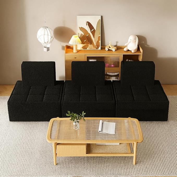 PurrJoys Modular Sectional 3-Seater Sofa 3-Piece Deep Seat Corduroy Lounge Sofa Small 3-Seater Couch for Living Room Bedroom Apartment Black
