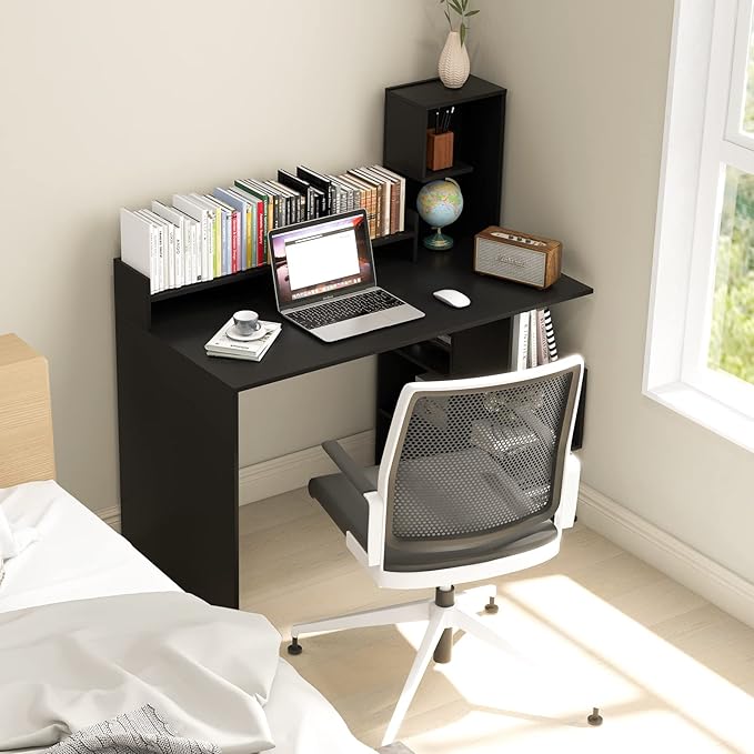 Tangkula Computer Desk with Storage Bookshelf &amp Hutch 48” Modern Home Office Desk with 8 Storage Shelves Space Saving Writing Study Desk for Bedroom Compact Computer Workstation for Home (Black