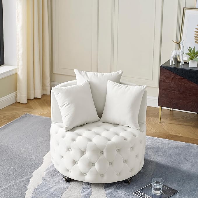 360° Swivel Accent Barrel Chair Velvet Comfy Round Chair with Button Tufted Design &amp 4 Moveable Wheels Upholstered Modern Lounge Reading Chairs for Living Room Bedroom Apartment Clubs(Beige)