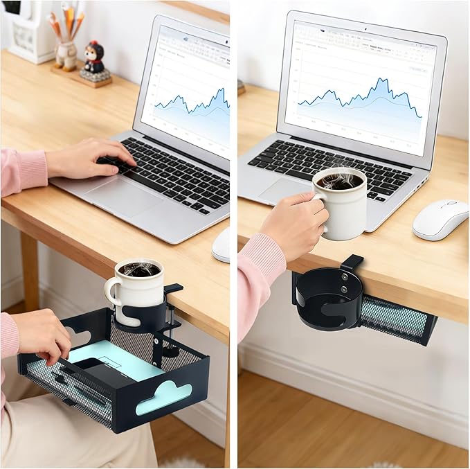 Under Desk Organizer 360° Swivel with Cup Holder Clamp-On No Drill Installation Sturdy Mesh Storage Drawer for OfficeDrawing Room and Kitchen RoomArt Supplies and More (Black) (with Cup Holder)