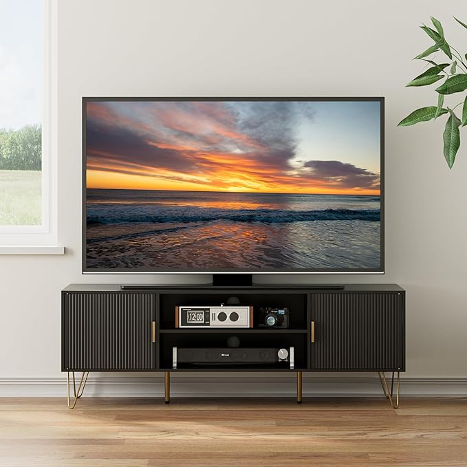 TV Stand for 55-65 inch TV Entertainment Center with Soft Hinge DoorTV Console Table with 2 Cabinets with Gold Handle and Feetfor Living Room Bedroom Black