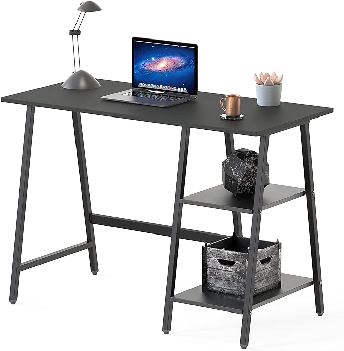 SHW 43-Inch Home Office Trestle Computer Desk with Open Storage Shelves Black