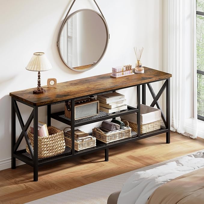 Gizoon 59.8 Industrial TV Stand for 55-65 Inch TVs Rustic Brown 3-Tier Media Entertainment Center with Open Shelves Metal Frame Sofa Table for Living Room Bedroom Office