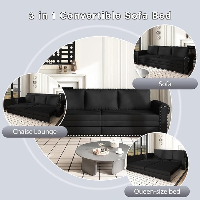 93.7 King Pull Out Sofa Bed Velvet Sleeper Sofa Couch 3 in 1 Convertible Futon Couches for Living Room Small Space Apartment Office Bedroom Modern Rivet Armrest Black