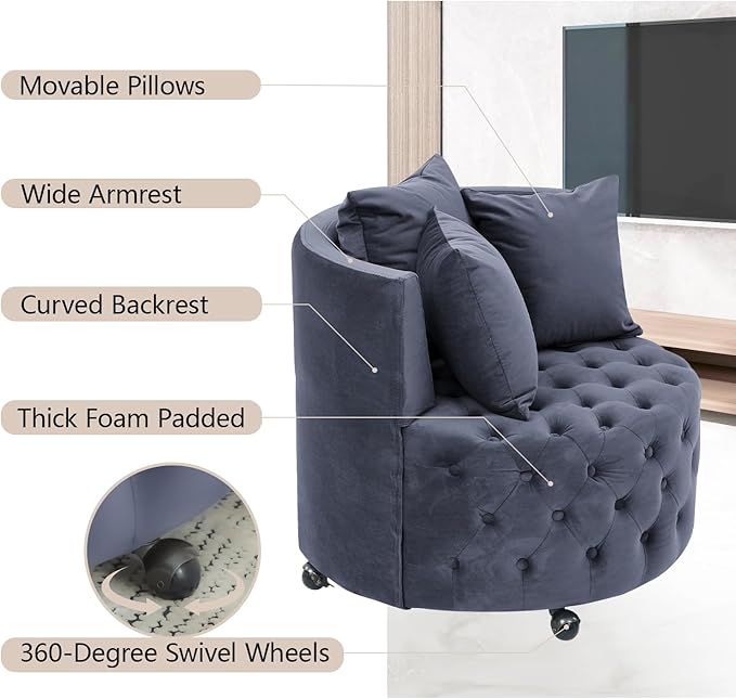 LLS Swivel Barrel Chair Velvet Accent Barrel Chair with 3 Pillows and 4 Wheels 360 Degree Sofa Chair Modern Button Tufted Upholstered Accent Chair for Living Room Bedroom Gray