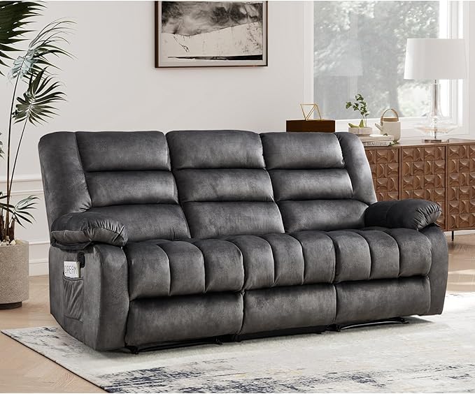 EBELLO Recliner Sofa Flip Middle Backrest Design 3 Seat Recliner Couch Overstuffed Comfortable Armrest Manual Reclining Couch for Living Room Bedroom Furniture Grey (3 Seat Sofa)