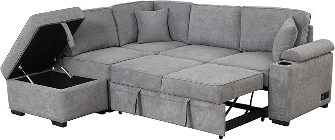 Flieks 87.4 Sleeper Sofa Bed2 in 1 Pull Out Sofa Bed L Shape Couch with Storage Ottoman for Living RoomBedroom Couch and Small ApartmentGray
