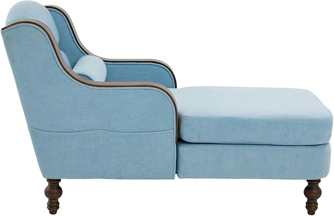 Upholstered Oversized Chaise Lounge Chair Solid Wood Frame Comfy Arm Chair with Thick Double-Layer Cushion Curved Armrests Modern Overstuffed Sleeper Recliner for Bedroom Living Room (Light Blue)