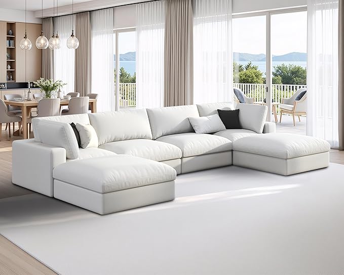 AMERLIFE 152 Inches Modular Sectional Sofa Feather Down Filled Sectional Sofa 6 Seats U Shaped Couch with Chaise Ottoman Cloud Couch for Living Room Apartment White Linen