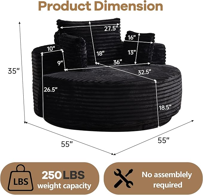 55 Oversized Round Single Swivel Indoor Chair Cozy Corduroy Upholstered Circle Round Sofa Deep Seat Round Swivel Chair for Living Room Bedroom &amp Reading No Assembly Required Black