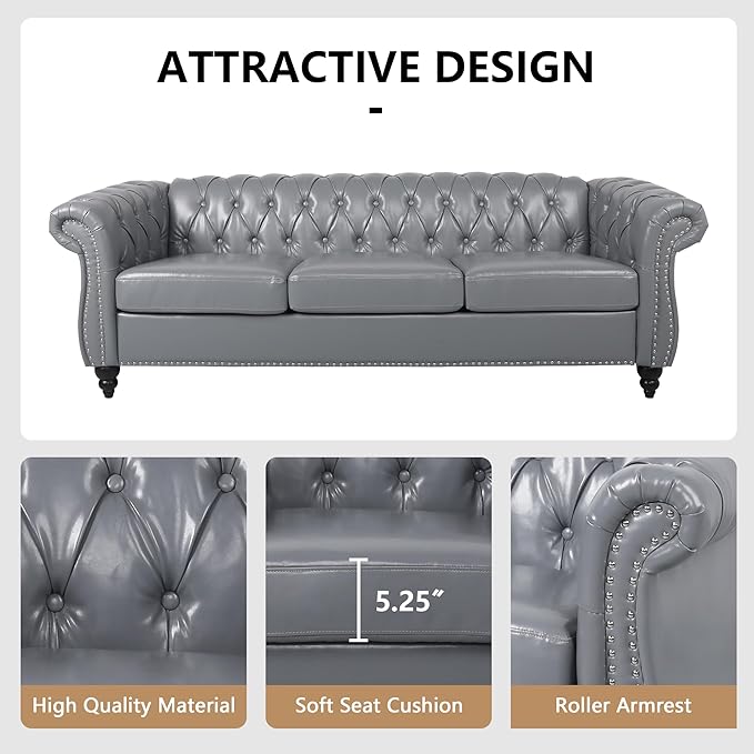2 Piece Living Room Sofa Set 3 Seater Faux Leather Sofa Couch and Chair Set Mid Century Modern Upholstered Couch with Cushions Vintage Comfy Tufted Chesterfield Couches for Bedroom Office (Grey)
