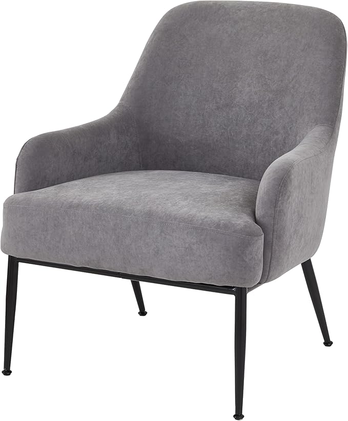 Modern Velvet Armchair with Channel Back Design Black Metal Legs and Soft Upholstery Comfortable Seating for Living Room Bedroom or Office Grey