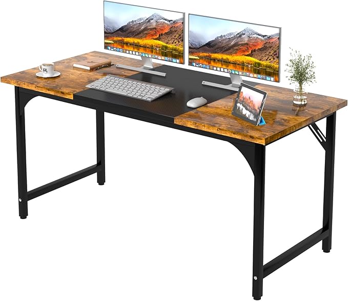 Computer Desk 55.1 Office Desk Extra Wide 23.62” Carbon Fiber Deep Desktop 0.59” Thick Heavy-Duty Home Office Desks Office Table with Steel Frame Wood Desk for Bedroom Study Writing Gaming Work
