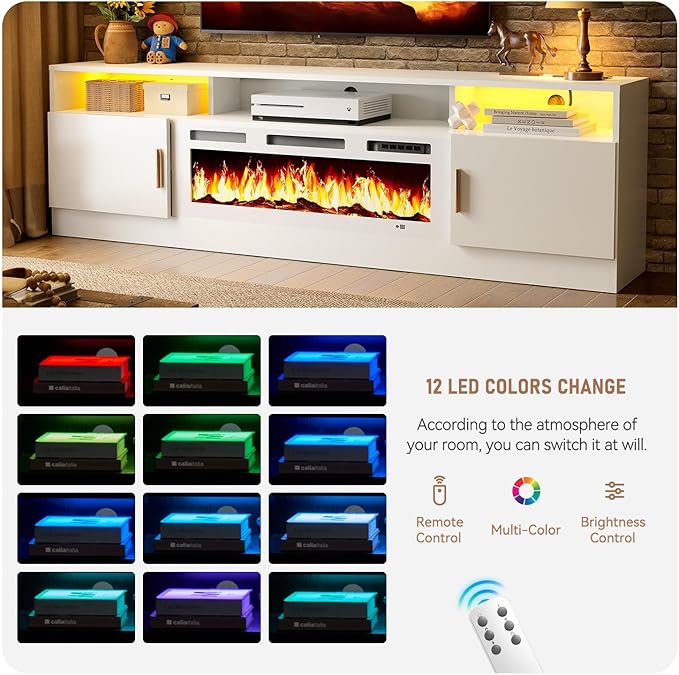 oneinmil 70 Fireplace TV Stand with Power Outlet for TVs Up to 80 Electric Fireplace Entertainment Center with LED Lights &amp Storage Cabinets Media Console Table for Living Room White