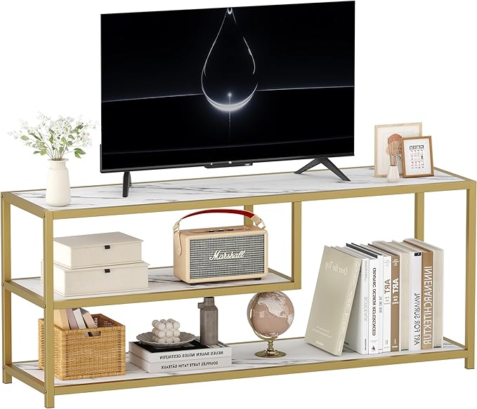 Function Home TV Stand for TVs up to 55 Inch 3 Tier Entertainment Center Media Console with Open Storage Shelves for Living Room Bedroom 47” Modern TV Table with Faux Marble Top Gold Metal Leg