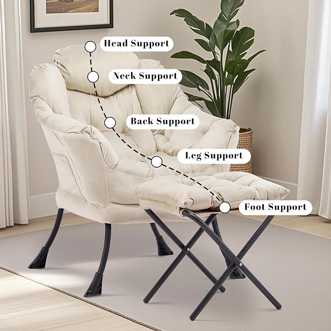 Lazy Chair with Ottoman Comfy Accent Lounge Chair with Side Pocket Modern Reading Armchair with Footrest Upholstered Sofa Chair for Small Spaces Bedroom Living Room Dorm Beige