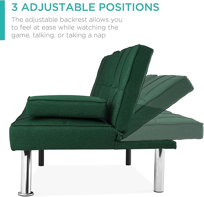 Best Choice Products Linen Modern Folding Futon Reclining Sofa Bed for Apartment Dorm w/Removable Armrests 2 Cupholders - Dark Green