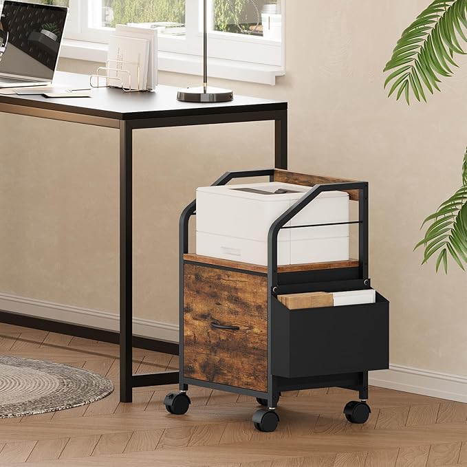 Small File Cabinet Rolling Filing Cabinet for Under Desk with Divider Single Non-Woven Fabric Drawer File Organizer for A4/Letter Size Documents Under Desk Storage Rustic Brown FCHR3001