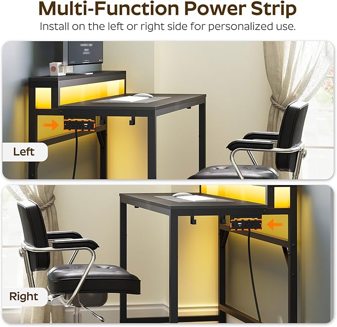 47.2 Computer Desk with Charging Station and LED Lights Gaming Desk with Monitor Stand 2-Tier Home Office Desk with 4 Side Hooks for Living Room Home Office Black DN12UDBB