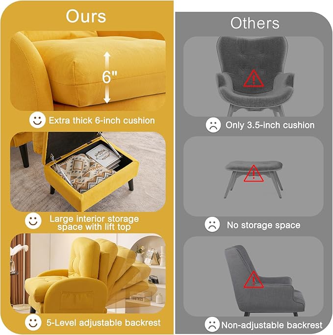 ELUCHANG Accent Chairs with Ottoman Upholstered Comfy Armchair with Adjustable Backrest&ampStorage Footrest Lazy Chair Reading Chair Leisure Sofa Recliner for Living Room Bedroom (Yellow - Linen)