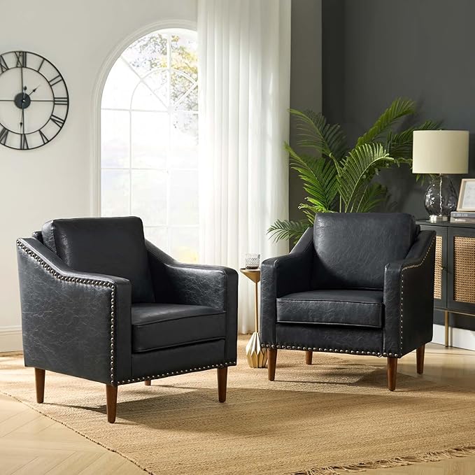 HULALA HOME Faux Leather Accent Armchairs Set of 2 with Back &amp Seat Cushions Traditional Club Chairs with Nailhead Trim Comfy Upholstered Sofa Chairs for Living Room Bedroom Black