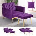 Velvet Accent Chair with Adjustable Armrests and Backrest Button Tufted Lounge Chair Single Recliner Armchair with Ottoman and Pillow for Living Room Bedroom Purpel