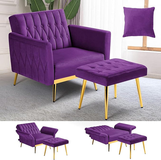 Velvet Accent Chair with Adjustable Armrests and Backrest Button Tufted Lounge Chair Single Recliner Armchair with Ottoman and Pillow for Living Room Bedroom Purpel