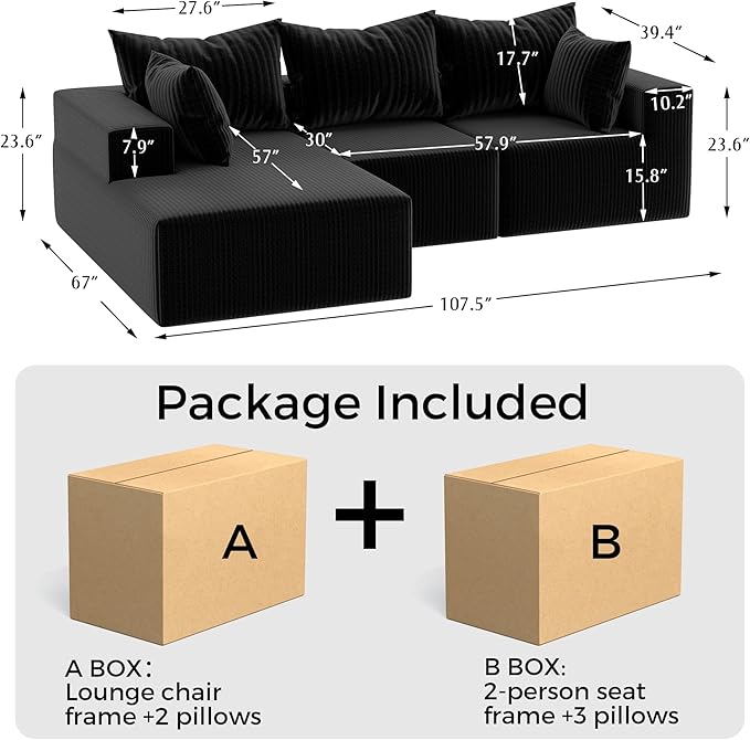 108Modern Sectional SofaModular Convertible L-Shape SofasUpholstered Couches with Deep SeatPet-Friendly Sponge Sofa for Living Room BedroomSofa bed for small space (Black Left Facing Chaise)