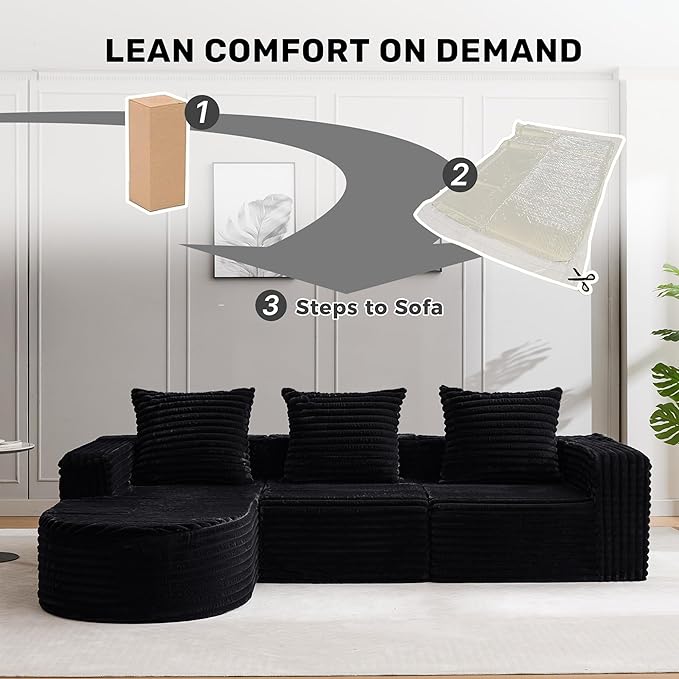 Boneless Cloud Couch Modular Sectional Sofa L-Shape with Chaise 102 Soft Faux Fur Deep Seat &amp 3 Pillows &amp 2 Side Pockets for Living Room Bedroom (Black Left Chaise)